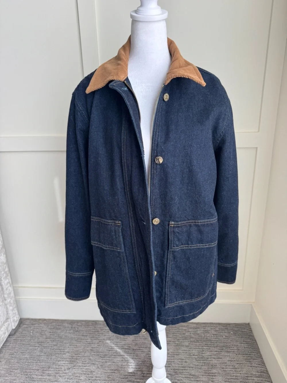 Reformation Navy Denim Field Jacket with Brown Corduroy Collar - Picture 4 of 12